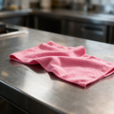 Lavette microfibre rose 40 × 40 cm en cours d'essuyage sur un plan de travail inox