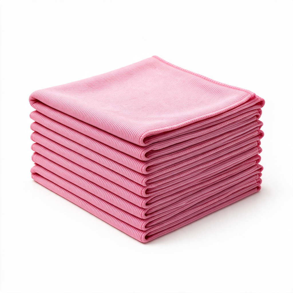Lot de 10 lavettes microfibre rose 40 × 40 cm empilées — conditionnement