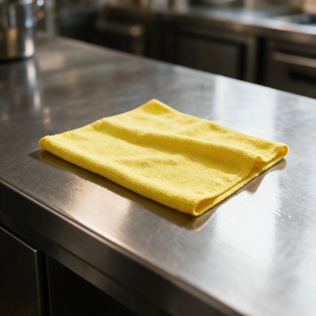 Lavette microfibre jaune 40 × 40 cm en cours d'essuyage sur un plan de travail inox