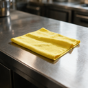 Lavette microfibre jaune 40 × 40 cm en cours d'essuyage sur un plan de travail inox