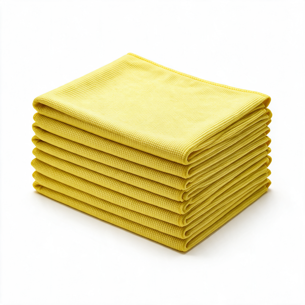 Lot de 10 lavettes microfibre jaune 40 × 40 cm empilées — conditionnement