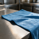 Lavette microfibre bleue 50 × 70 cm en cours d'essuyage sur un plan de travail inox