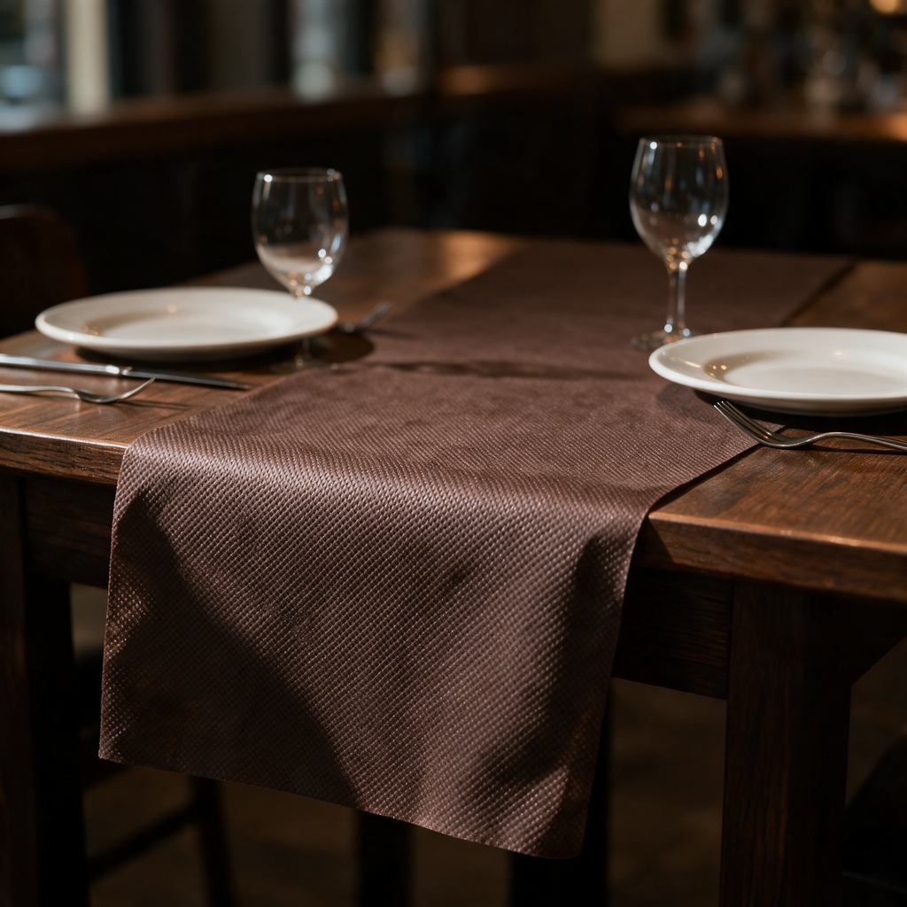 Chemin de table jetable Spunbond Chocolat posé en travers d'une table dressée pour deux