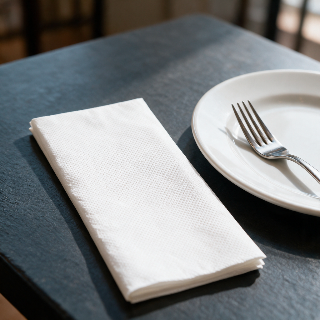 Serviette de restaurant Ecolabel blanche 2 plis pliée à côté d'une assiette et d'une fourchette