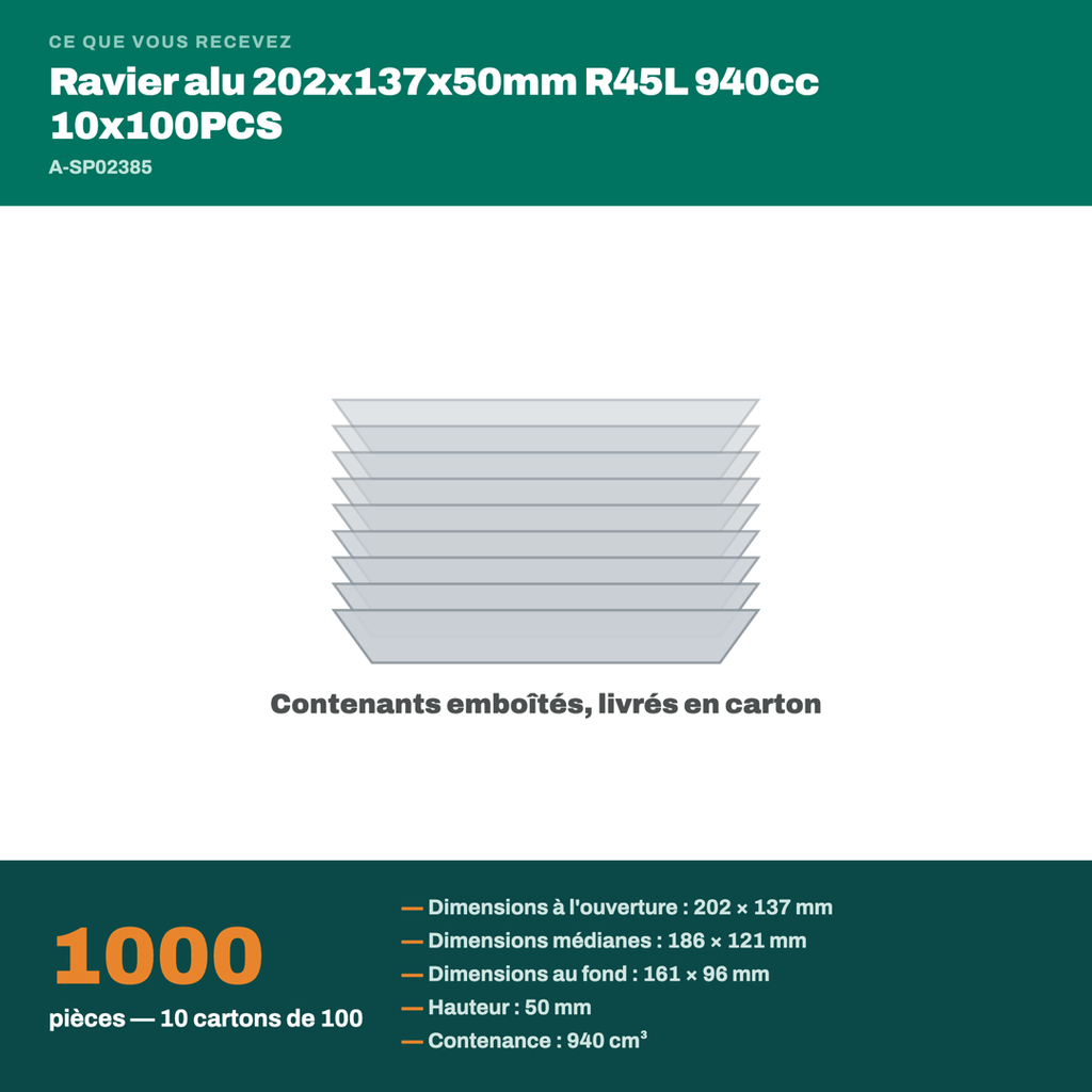 Colisage du ravier alu R45L : carton de 1000 pièces, 940 cm³ l'unité