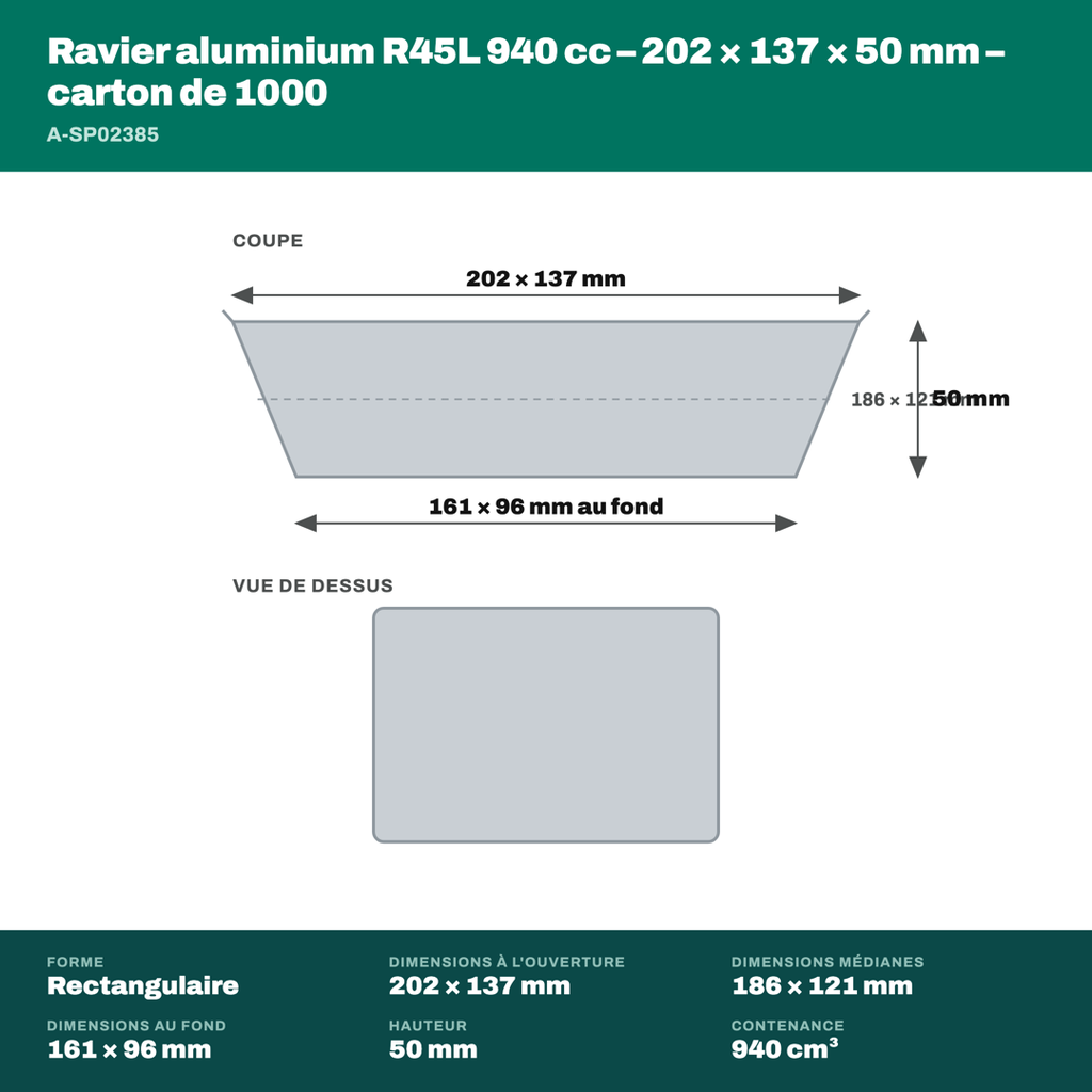 Cotes du ravier aluminium R45L 940 cc : 202 × 137 mm à l'ouverture, 161 × 96 mm au fond, 50 mm de haut