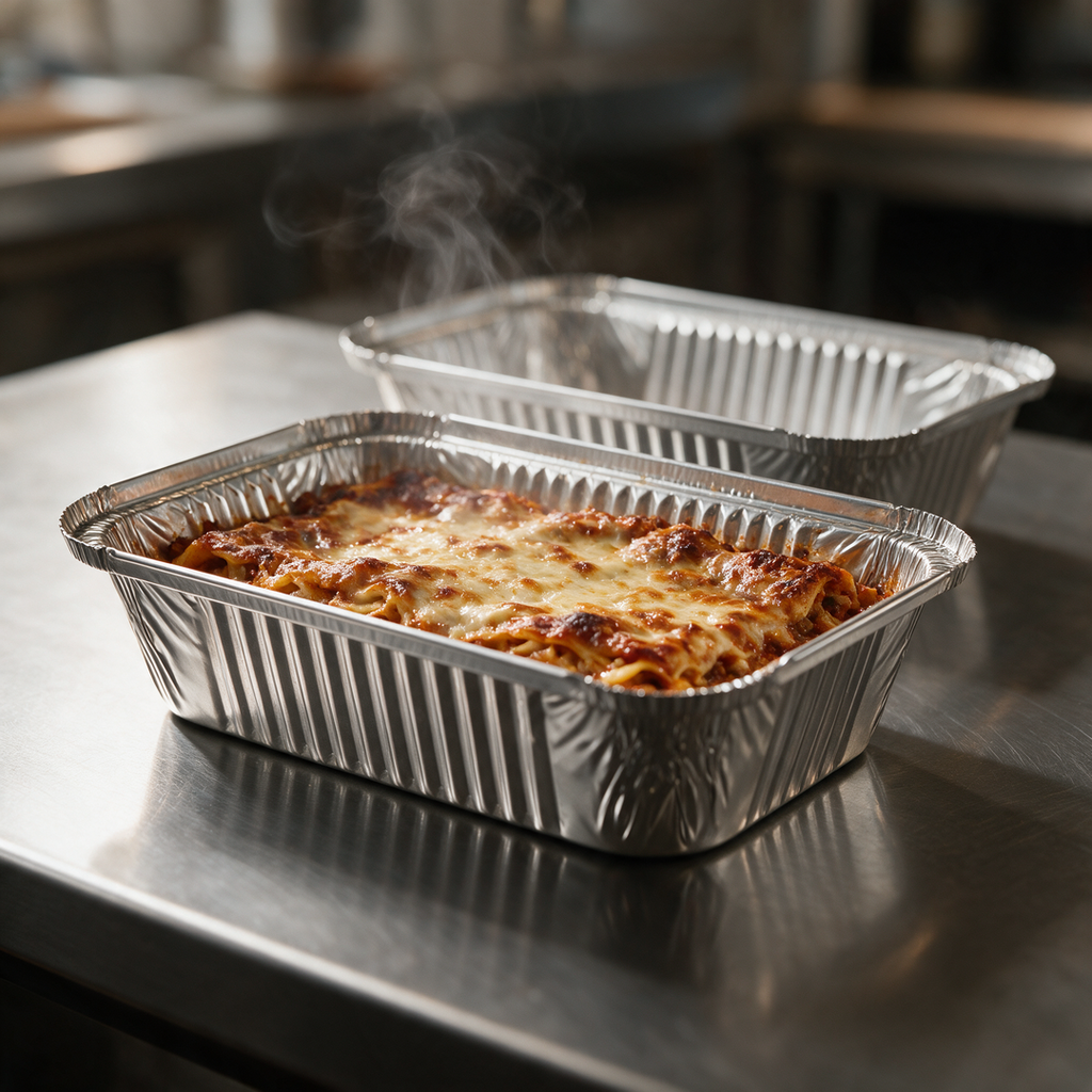 Ravier aluminium R45L 940 cc posé sur un plan de travail de cuisine professionnelle, garni d'un plat chaud