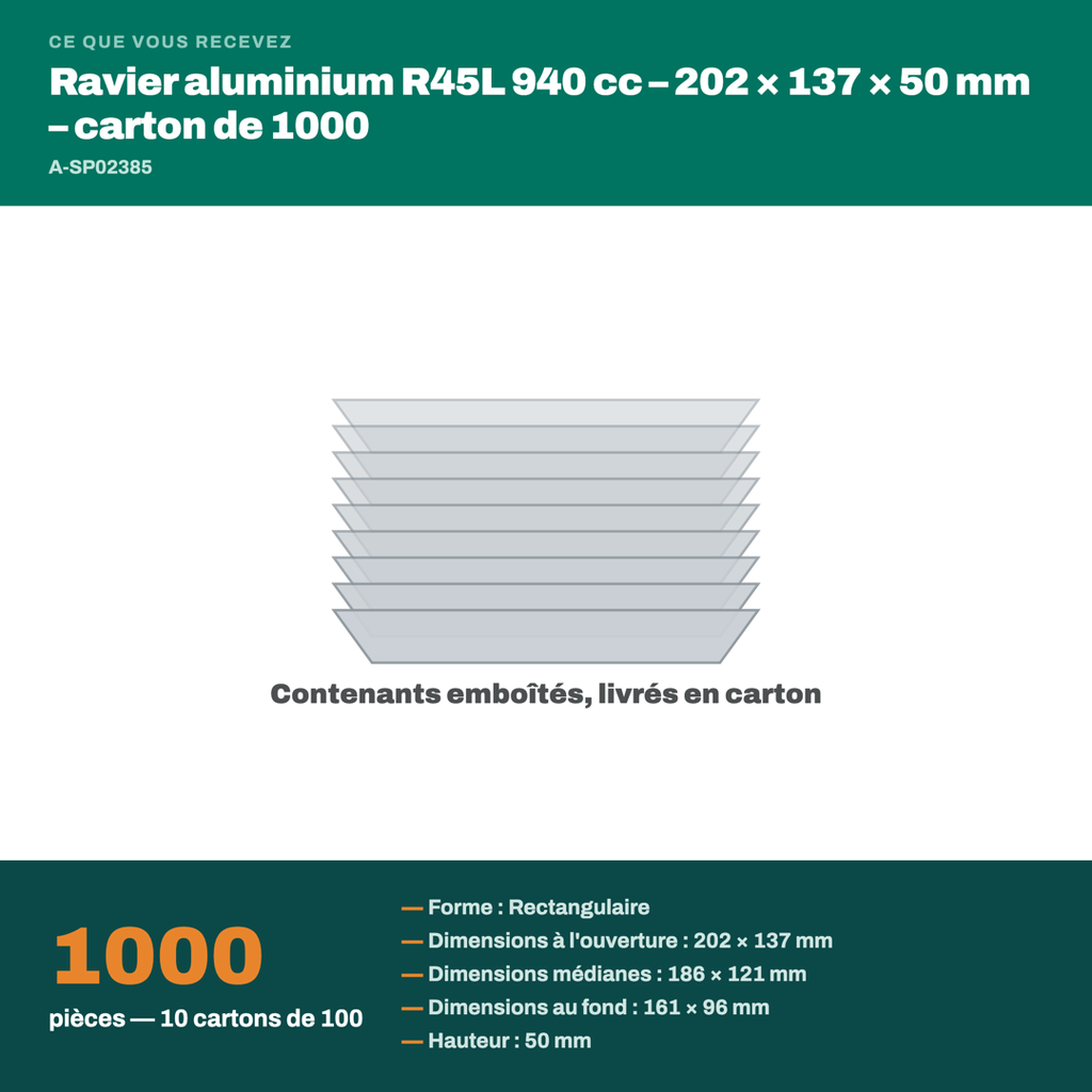 Colisage du ravier aluminium R45L 940 cc : carton de 1000 pièces, 940 cm³ l'unité