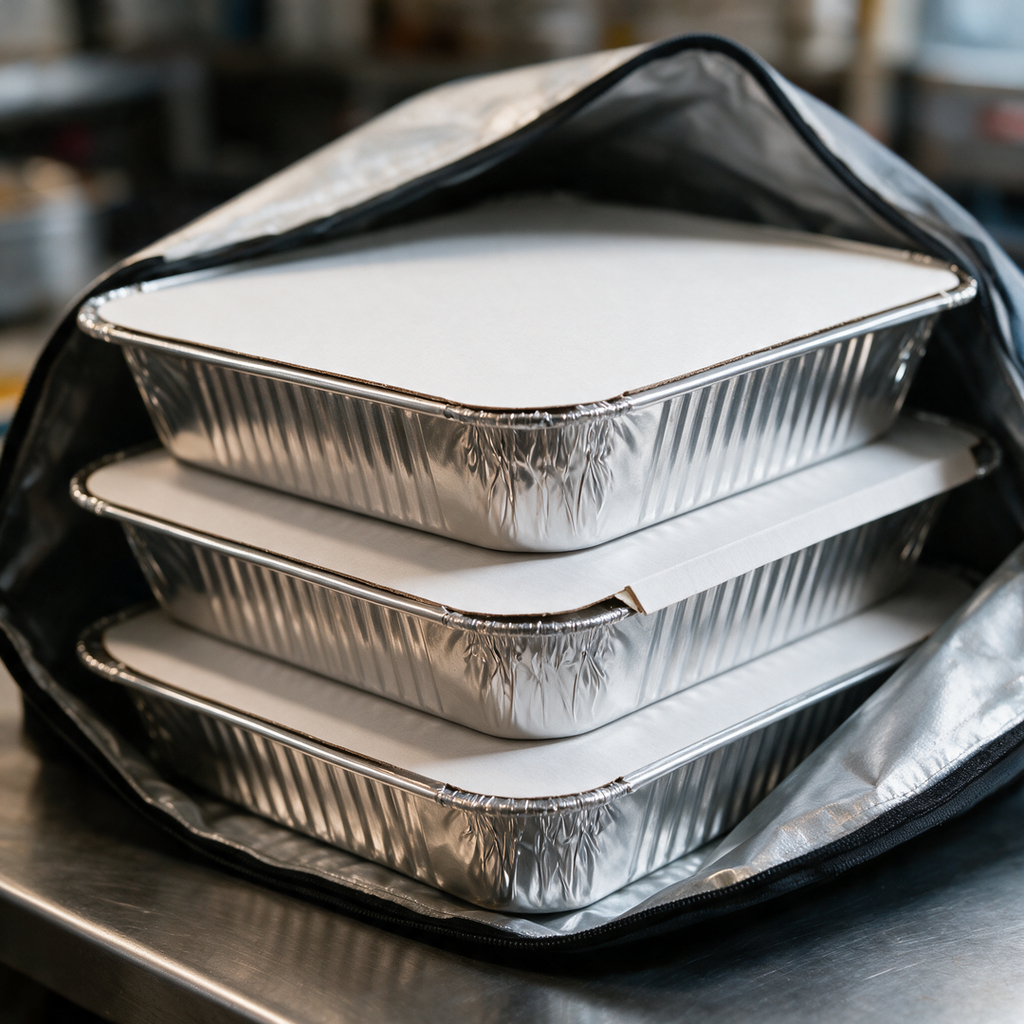 Couvercle aluminium CR45L-CA serti sur son ravier, plats empilés en sac de livraison