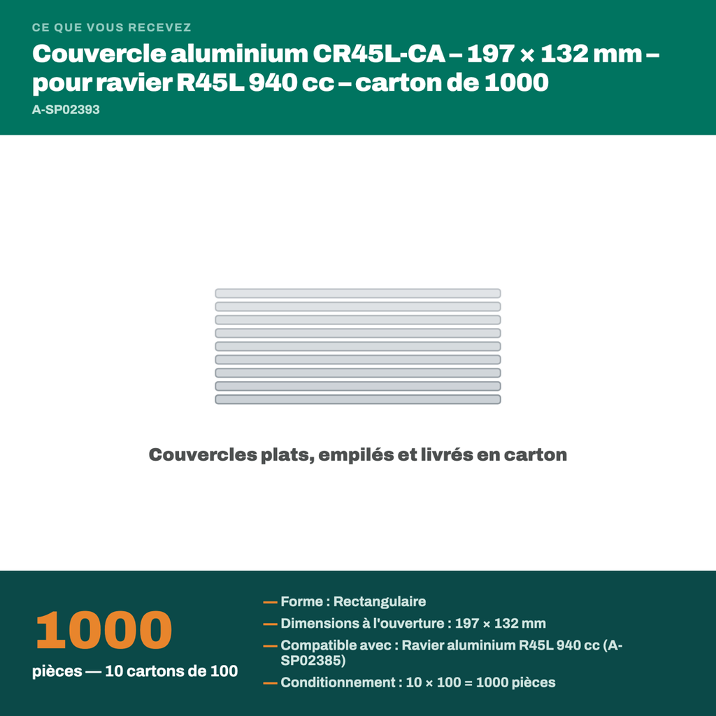 Colisage du couvercle aluminium CR45L-CA : carton de 1000 pièces, pour ravier aluminium r45l 940 cc