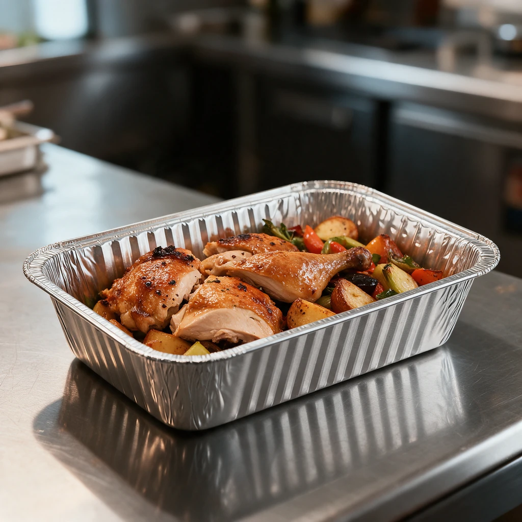 Ravier aluminium 800 cc garni d'un poulet rôti et de légumes, prêt à emporter en cuisine professionnelle