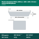 Cotes du ravier aluminium R22L 1050 cc : 225 × 160 mm à l'ouverture, 180 × 115 mm au fond, 43 mm de haut