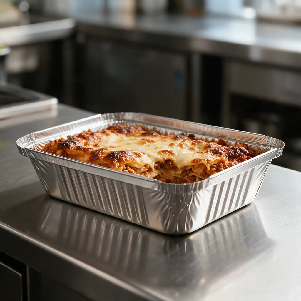 Ravier aluminium large 1050 cc garni d'une lasagne gratinée pour deux personnes