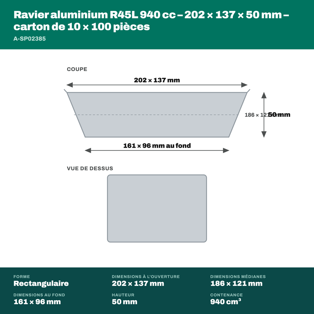 Cotes du ravier aluminium R45L 940 cc : 202 × 137 mm à l'ouverture, 161 × 96 mm au fond, 50 mm de haut