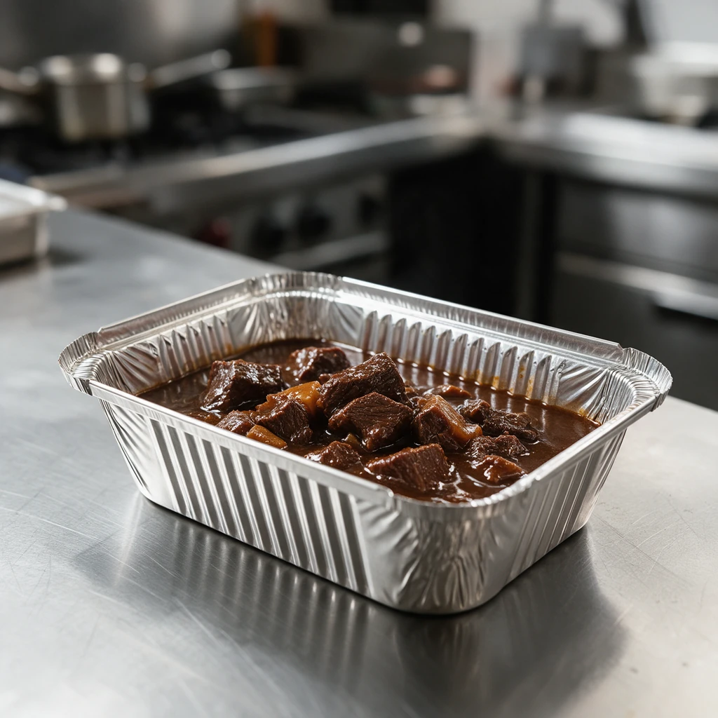 Ravier aluminium profond 940 cc rempli de carbonnade flamande en sauce sur un plan de travail inox