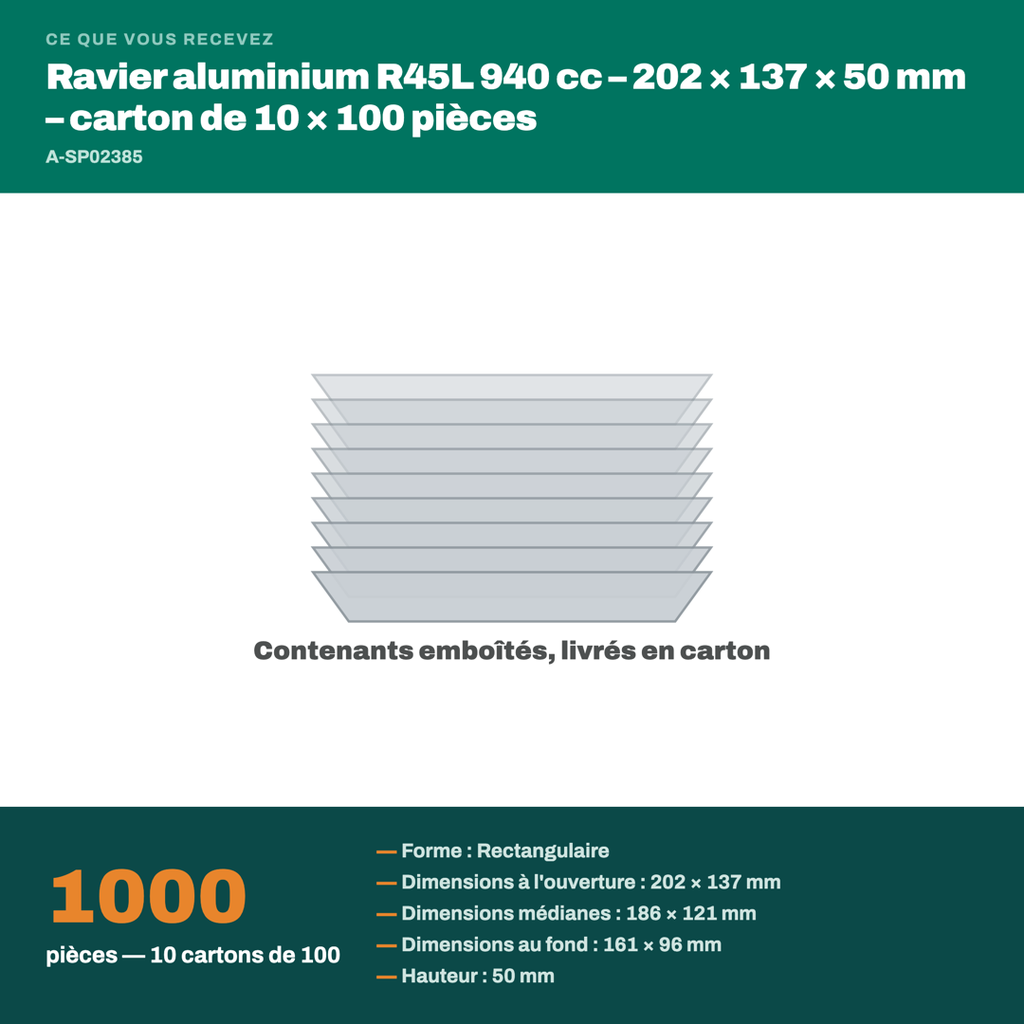 Colisage du ravier aluminium R45L 940 cc : carton de 1000 pièces, 940 cm³ l'unité