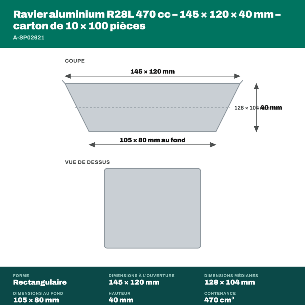 Cotes du ravier aluminium R28L 470 cc : 145 × 120 mm à l'ouverture, 105 × 80 mm au fond, 40 mm de haut