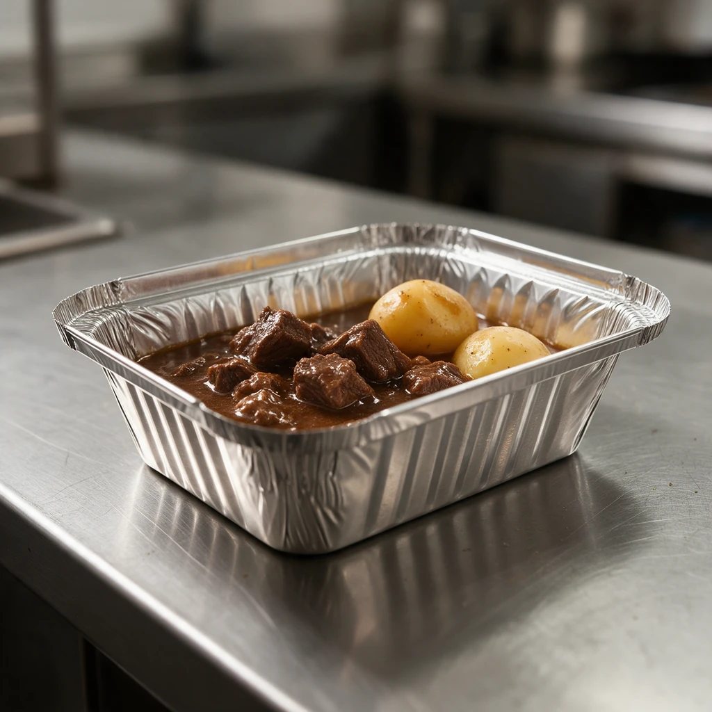 Ravier aluminium 470 cc garni d'une portion de carbonnade et de pommes de terre sur un plan de travail inox