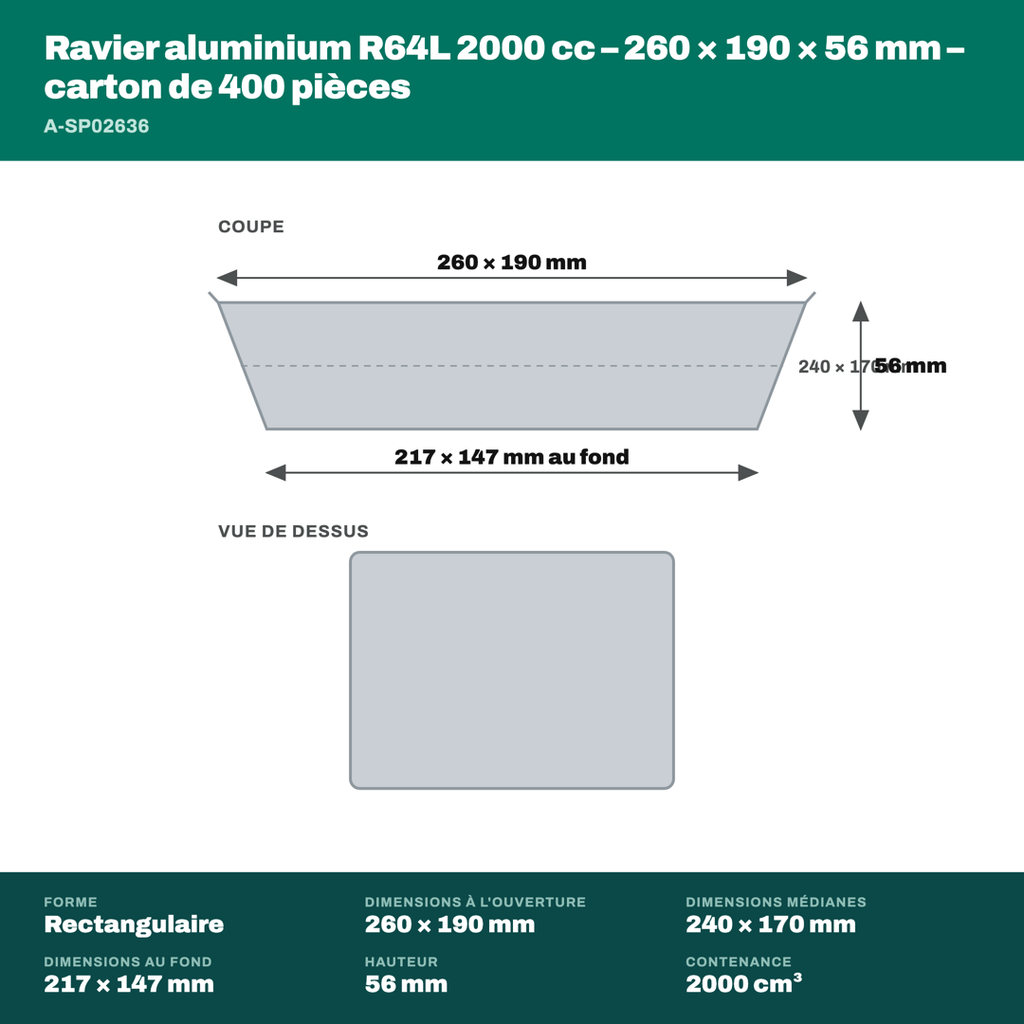 Cotes du ravier aluminium R64L 2000 cc : 260 × 190 mm à l'ouverture, 217 × 147 mm au fond, 56 mm de haut