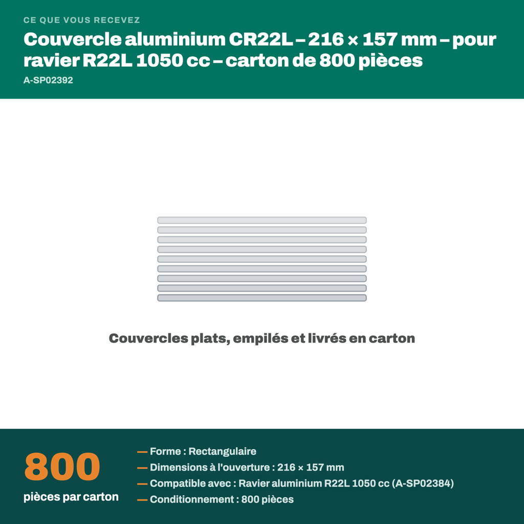 Colisage du couvercle aluminium CR22L : carton de 800 pièces, pour ravier aluminium r22l 1050 cc