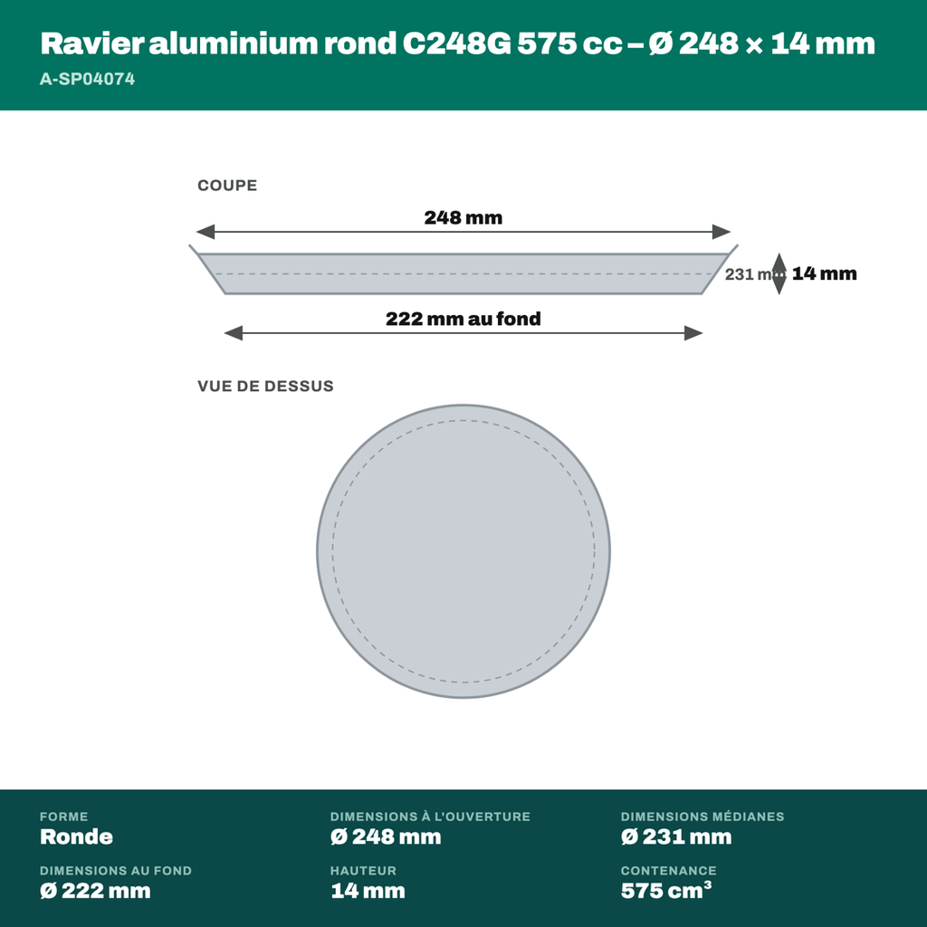 Cotes du ravier aluminium rond C248G 575 cc : Ø 248 mm à l'ouverture, Ø 222 mm au fond, 14 mm de haut