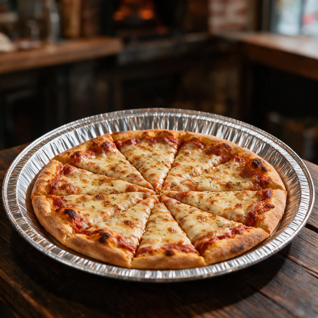 Ravier aluminium rond C248G 575 cc utilisé comme assiette de service pour une pizza