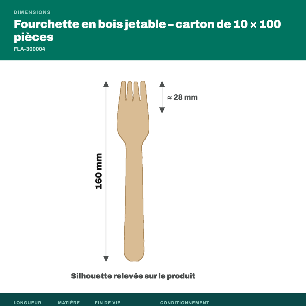 Dimensions du fourchette en bois jetable : 160 mm de long