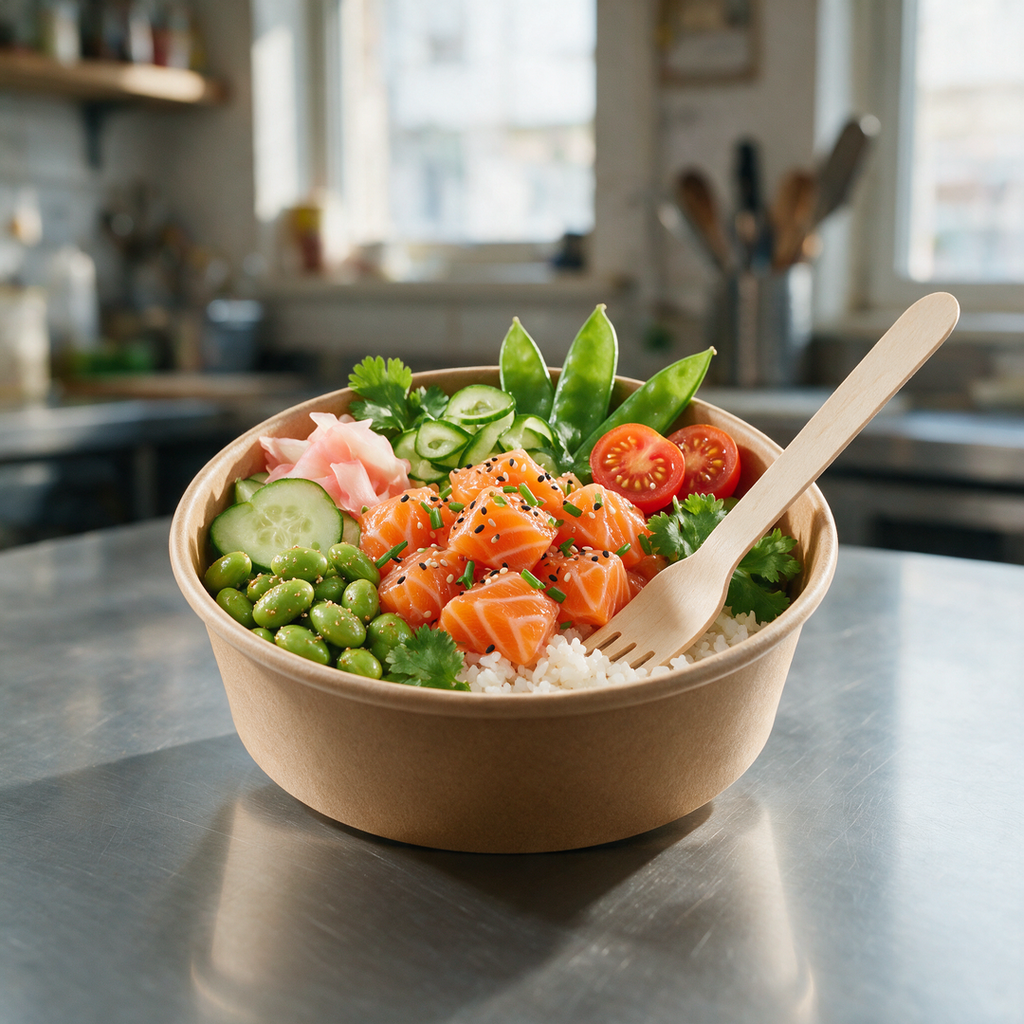 Fourchette en bois jetable planté dans un poke bowl à emporter, sur un plan de travail inox