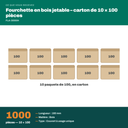 Colisage du fourchette en bois jetable : carton de 1000 pièces, 10 × 100 paquets