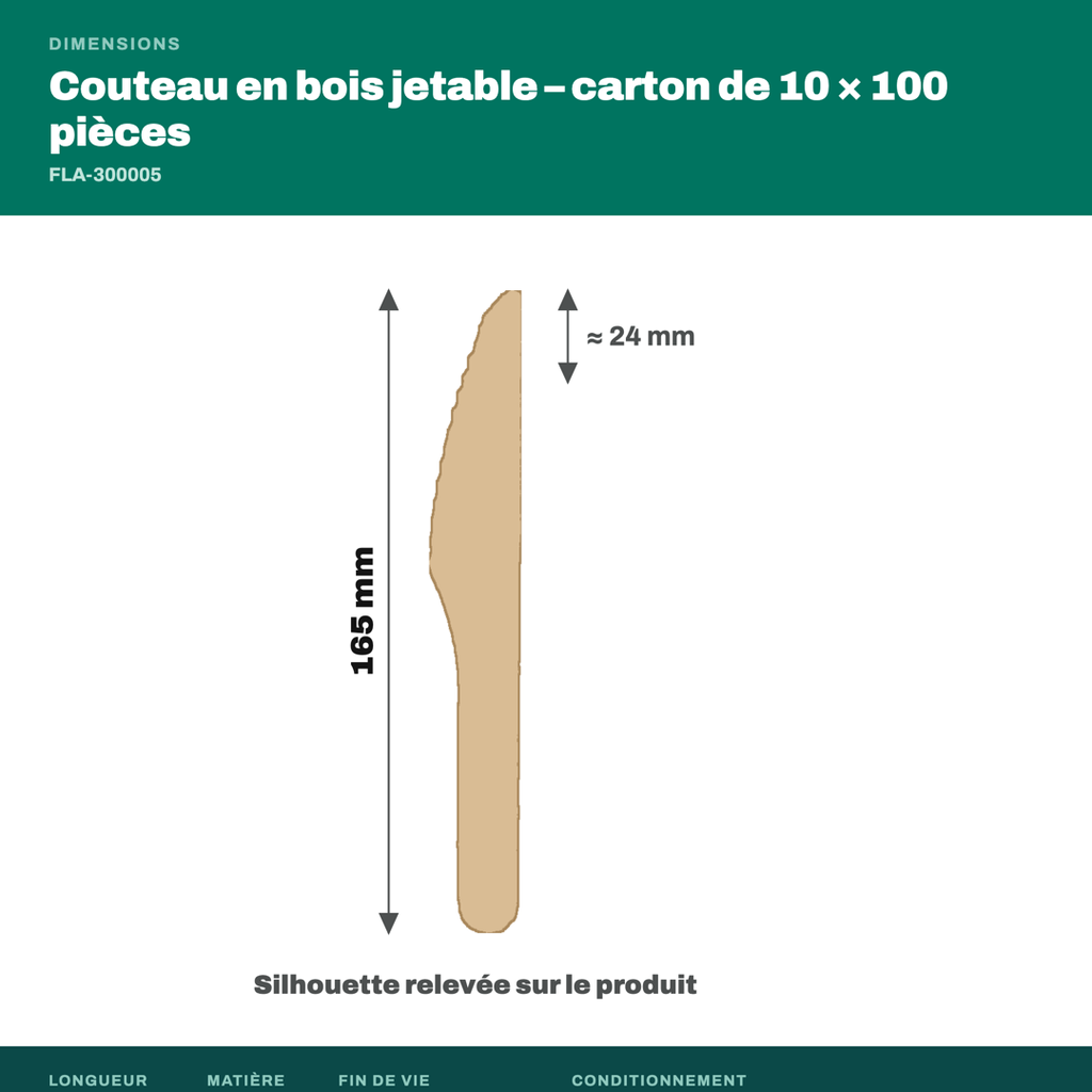 Dimensions du couteau en bois jetable : 165 mm de long
