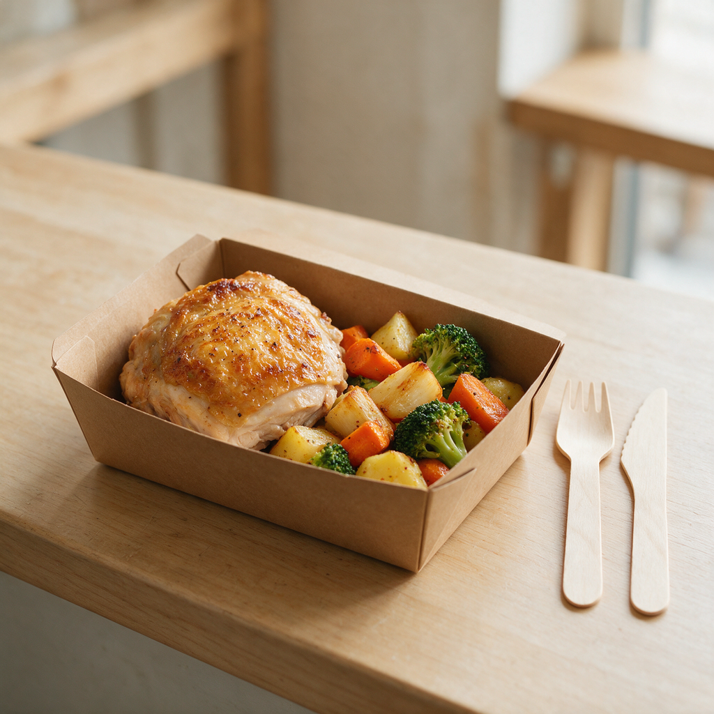 Couteau en bois jetable posé près d'une boîte repas à emporter garnie, sur un comptoir