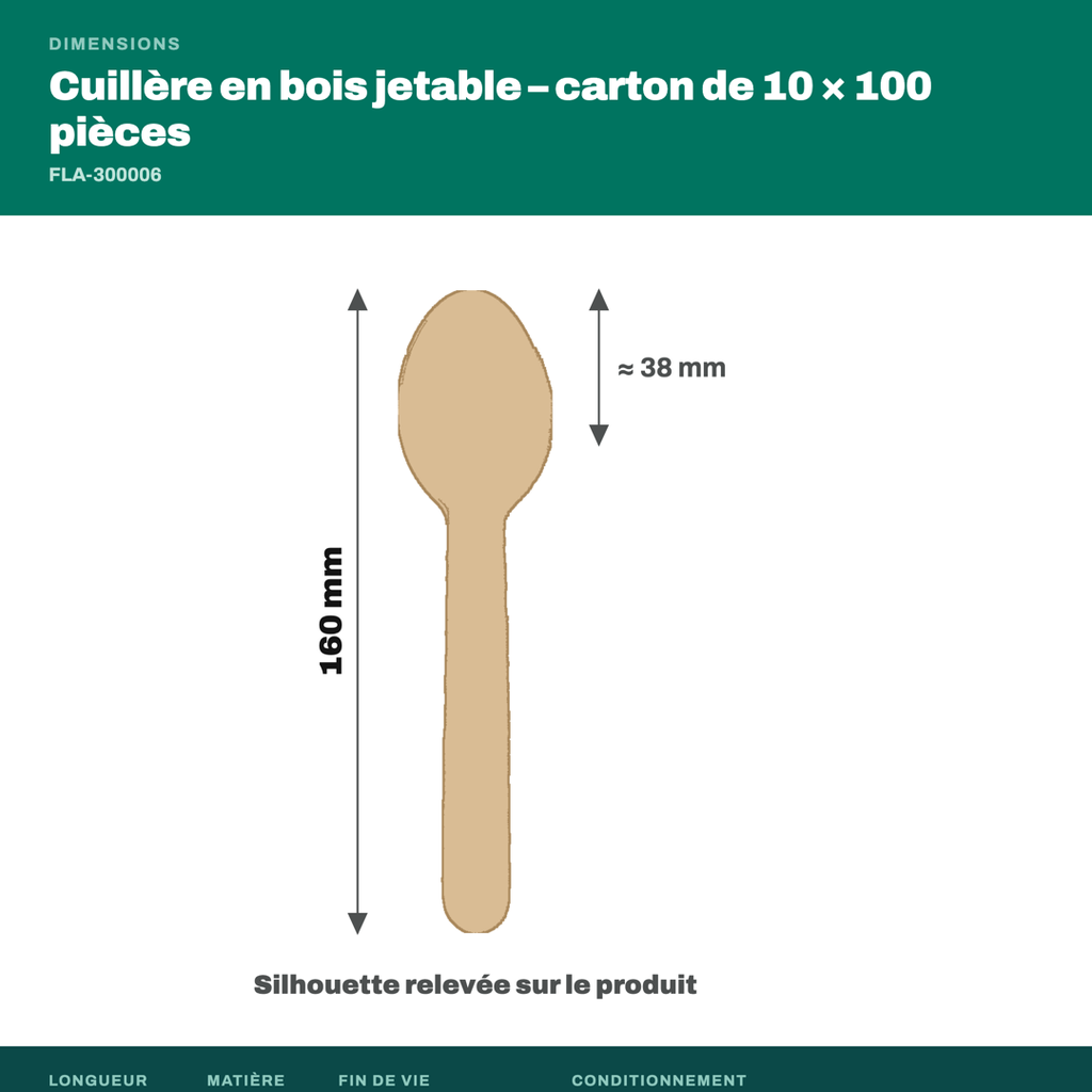 Dimensions du cuillère en bois jetable : 160 mm de long
