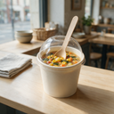 Cuillère en bois jetable dans un pot à soupe à emporter, sur le comptoir d'un lunch bar