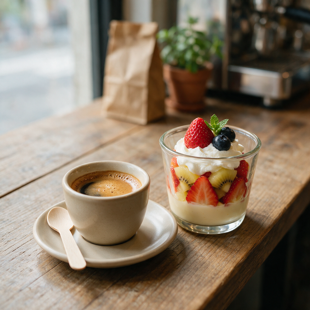 Cuillère à café en bois jetable sur la soucoupe d'un espresso, à côté d'un dessert en verrine