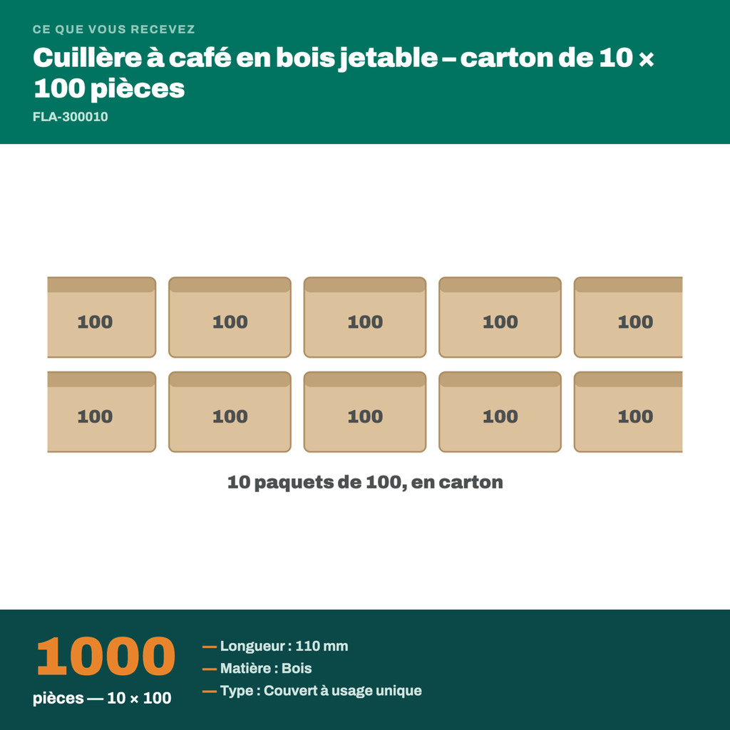 Colisage du cuillère à café en bois jetable : carton de 1000 pièces, 10 × 100 paquets