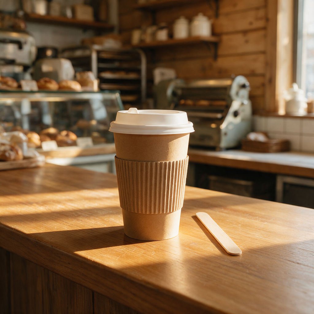 Spatule en bois jetable posée près d'un gobelet de café, sur le comptoir d'une boulangerie