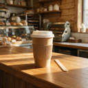 Spatule en bois jetable posée près d'un gobelet de café, sur le comptoir d'une boulangerie