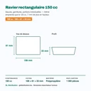 Dimensions du ravier rectangulaire transparent 150 cc : 108 × 81 × 33 mm en polypropylène