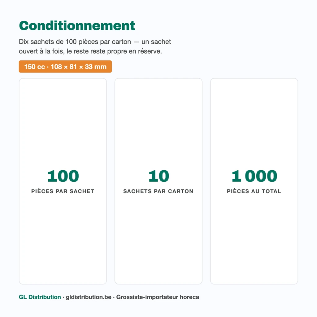 Conditionnement du ravier 150 cc : 10 sachets de 100 pièces, soit 1 000 raviers par carton