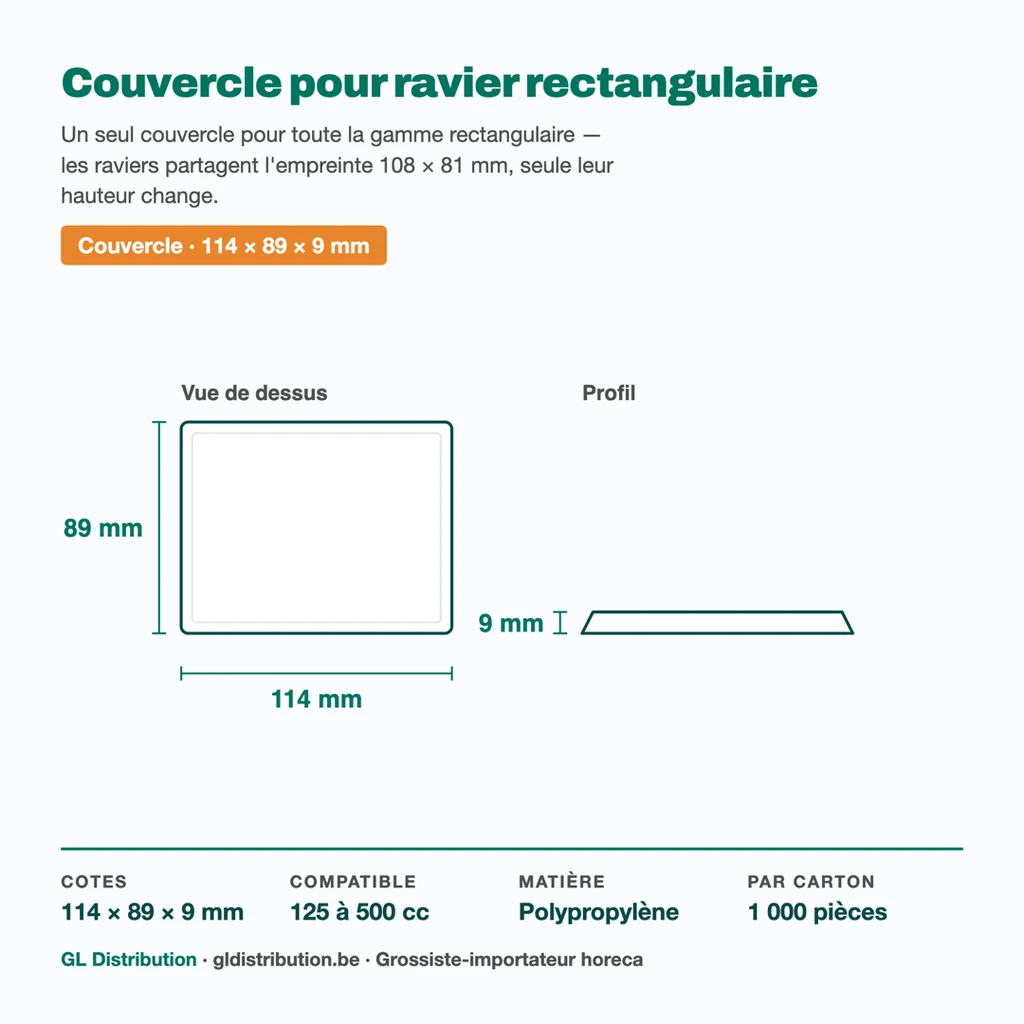 Dimensions du couvercle pour ravier rectangulaire : 114 × 89 × 9 mm, compatible 125 à 500 cc