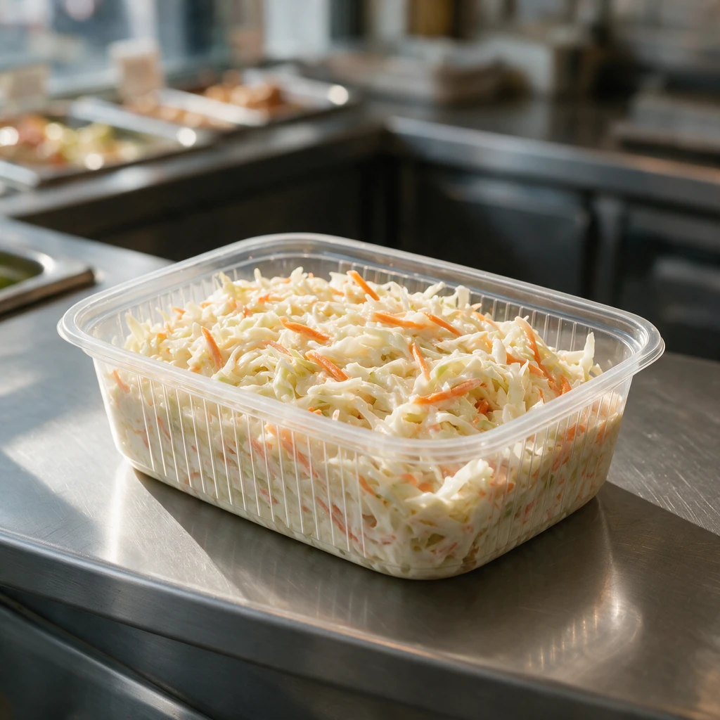 Ravier transparent 125 cc garni de coleslaw sur un comptoir de traiteur — portion à emporter en polypropylène