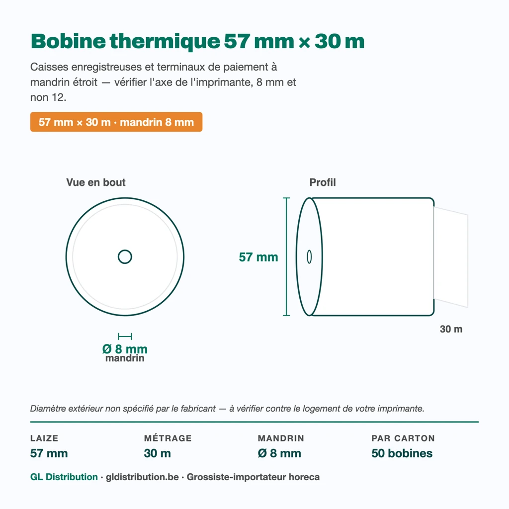 Cotes de la bobine thermique 57 mm × 30 m : laize 57 mm, mandrin Ø 8 mm, 50 bobines par carton