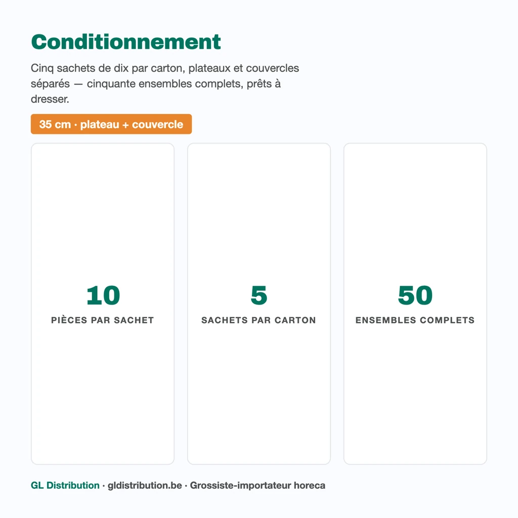 Conditionnement du plateau traiteur 35 cm : 5 sachets de 10, soit 50 plateaux et 50 couvercles par carton