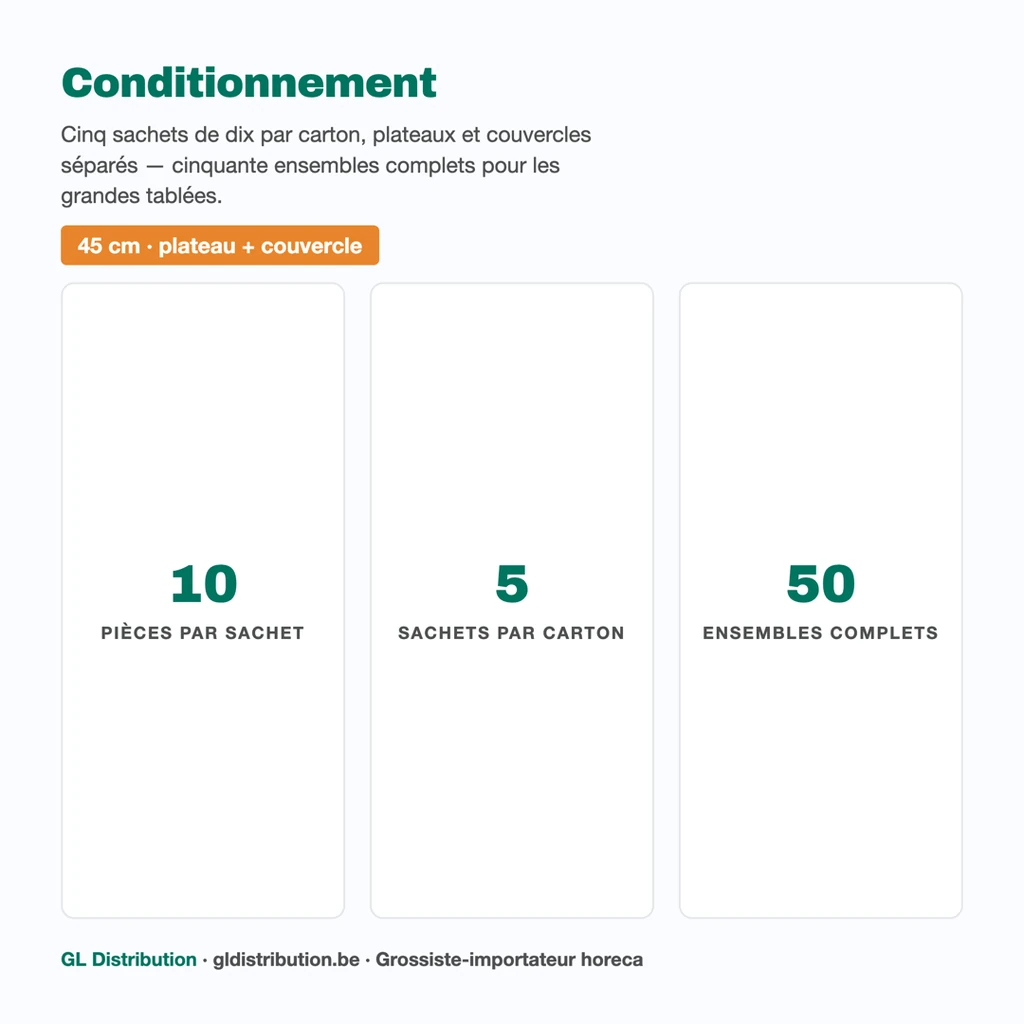 Conditionnement du plateau traiteur 45 cm : 5 sachets de 10, soit 50 plateaux et 50 couvercles par carton