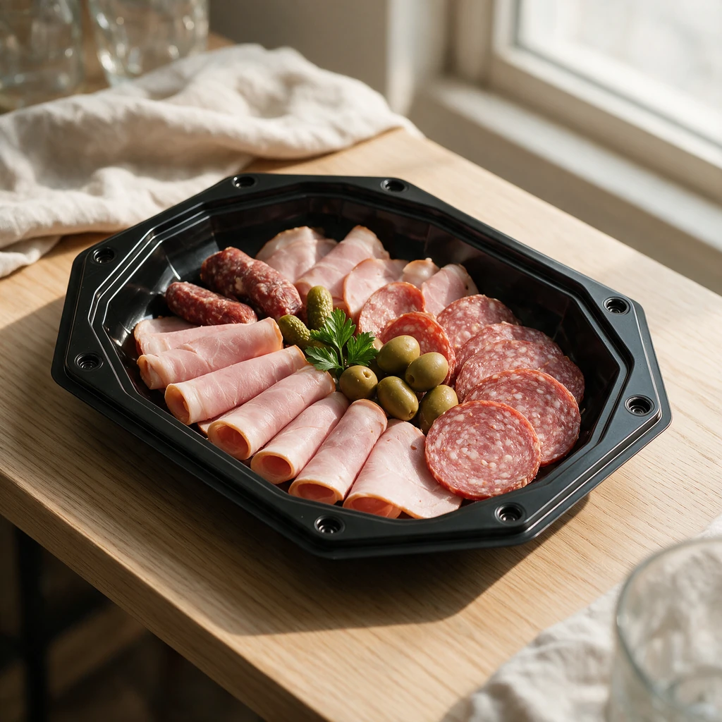 Plateau traiteur noir 35 cm garni de charcuterie et d'olives sur un buffet d'apéritif