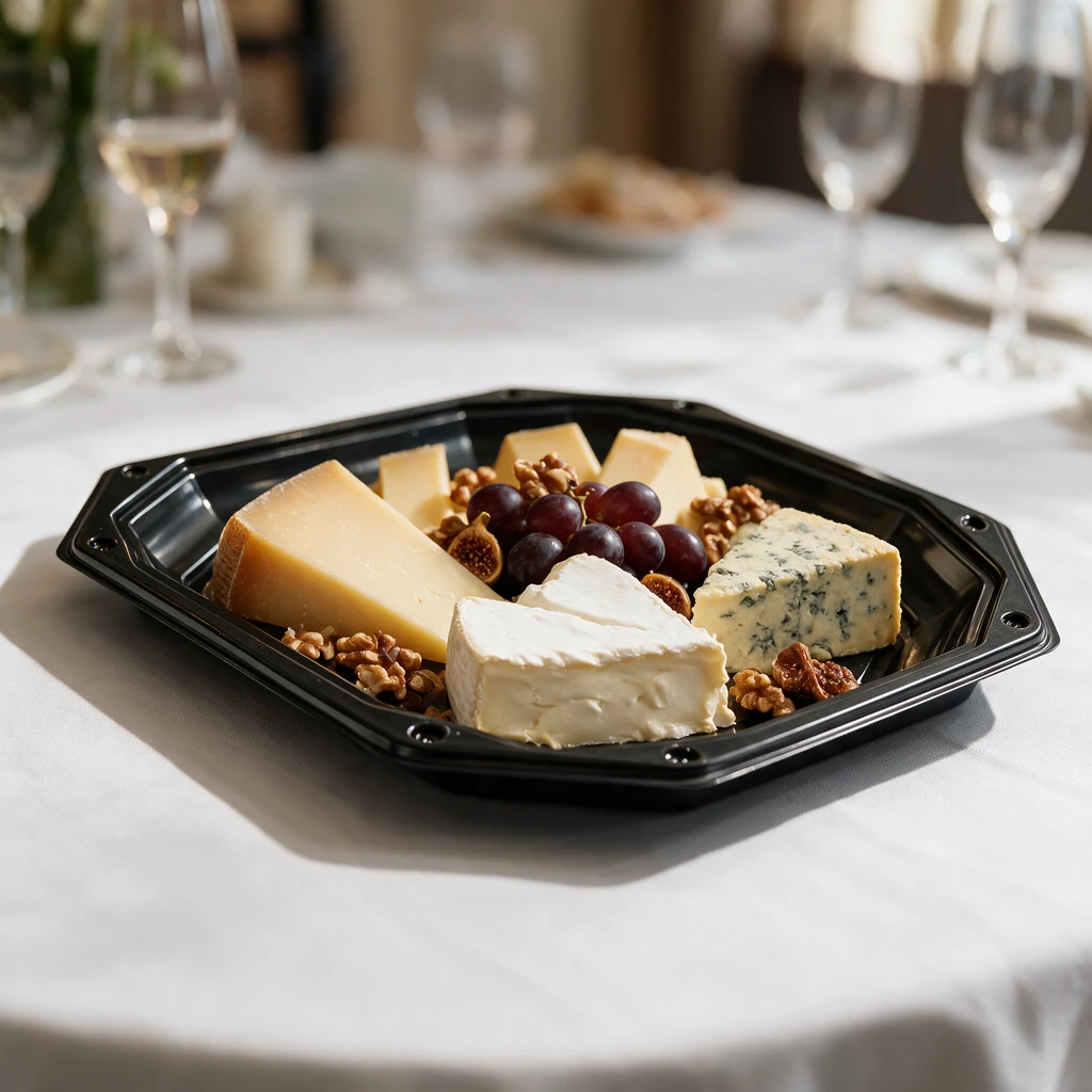 Plateau traiteur noir 45 cm garni de fromages, raisin et noix sur une table de banquet