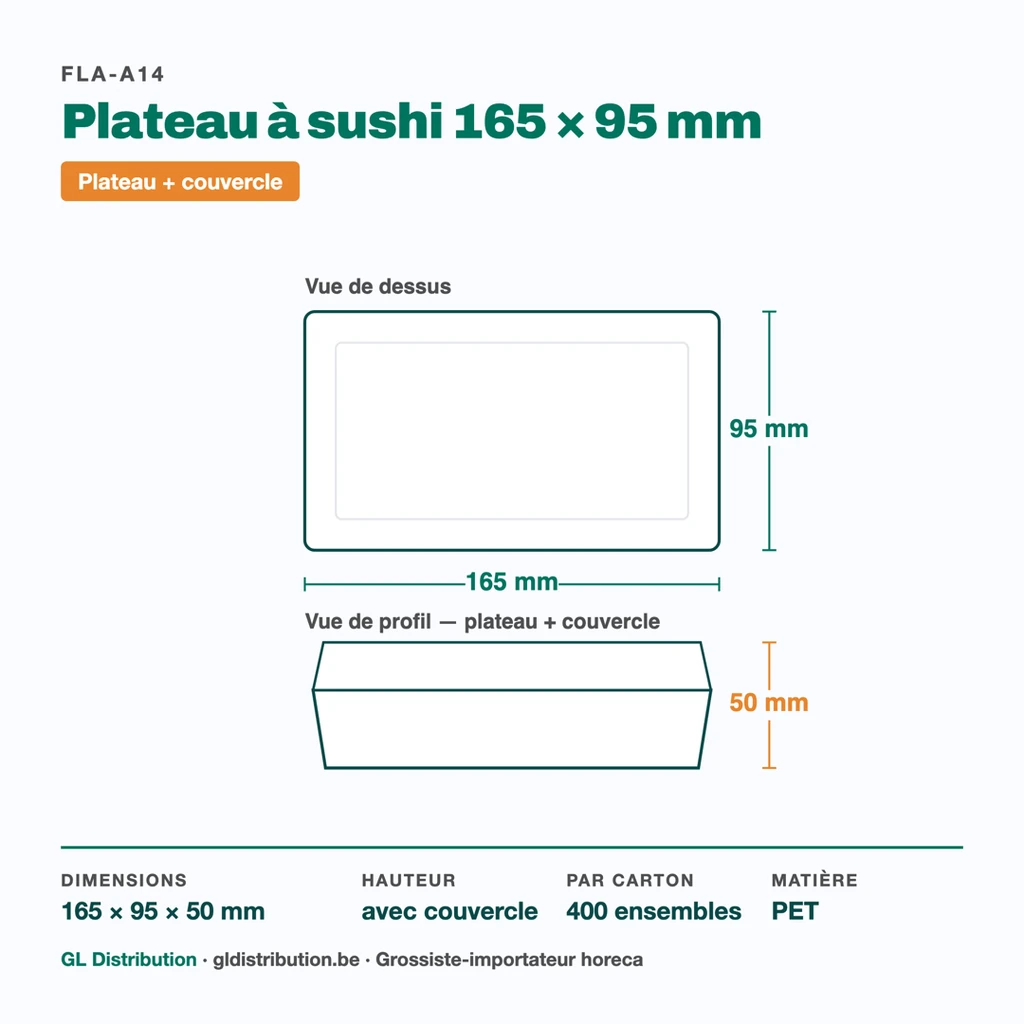 Dimensions du plateau à sushi 165 × 95 mm, hauteur 50 mm avec couvercle — 400 ensembles par carton