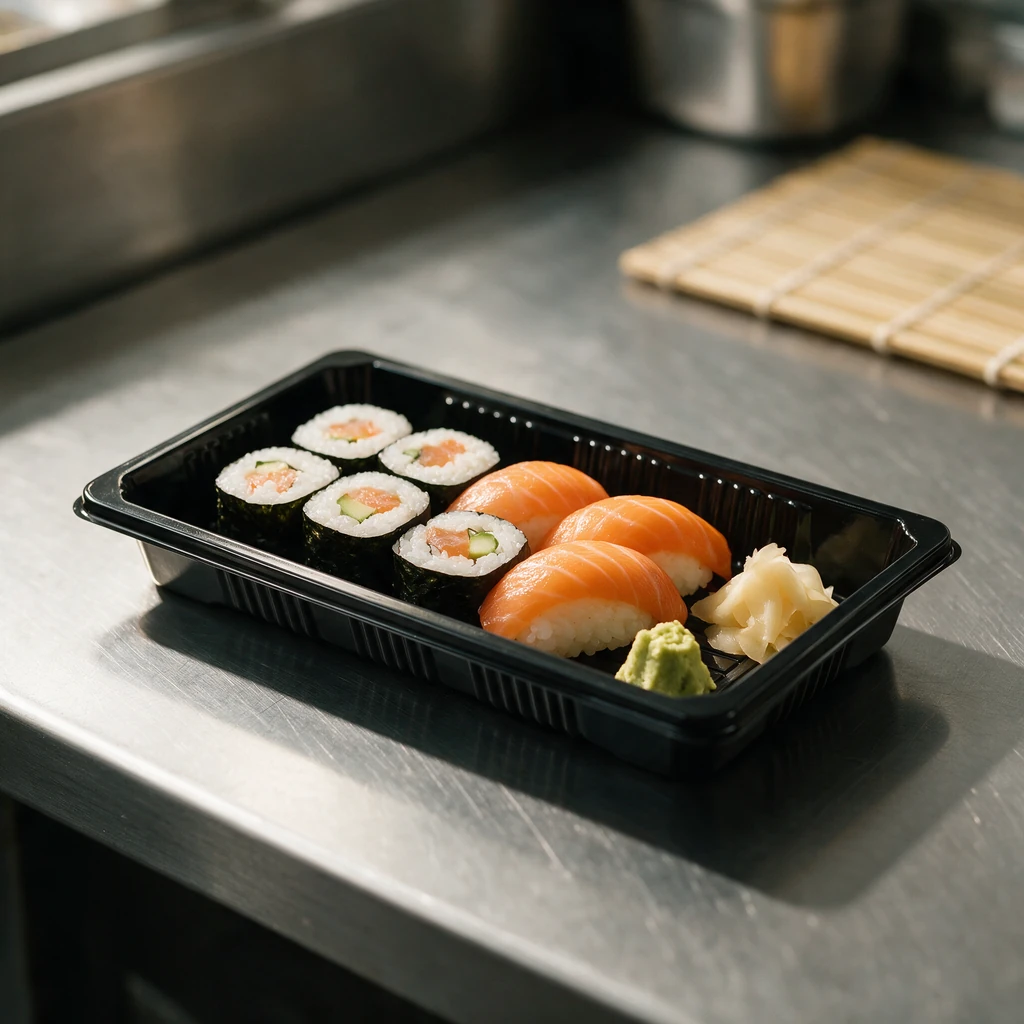 Plateau à sushi 165 × 95 mm en PET noir garni de makis et de nigiris, en cuisine japonaise