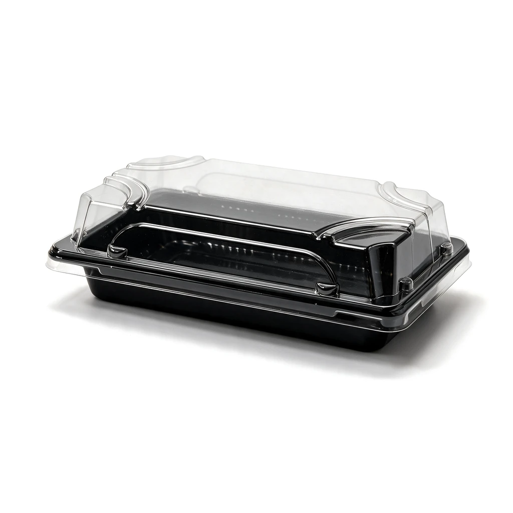 Plateau à sushi 165 × 95 mm fermé par son couvercle transparent, vendu en set complet