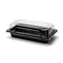 Plateau à sushi 165 × 95 mm fermé par son couvercle transparent, vendu en set complet